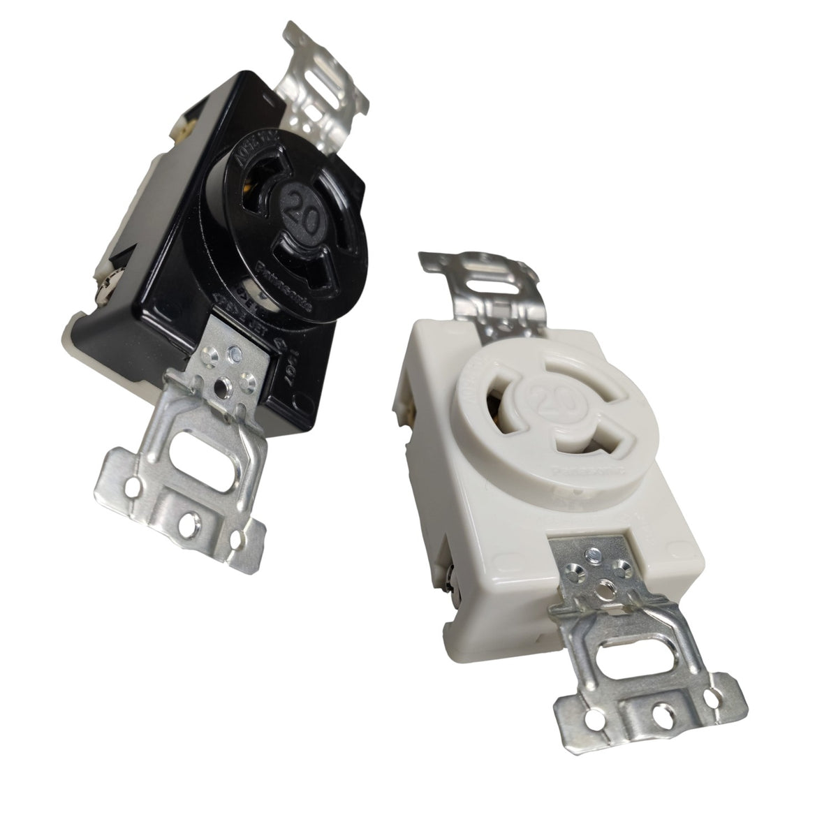 Two electrical outlet components on a plain white background, one black and one off-white, each with metal mounting brackets.