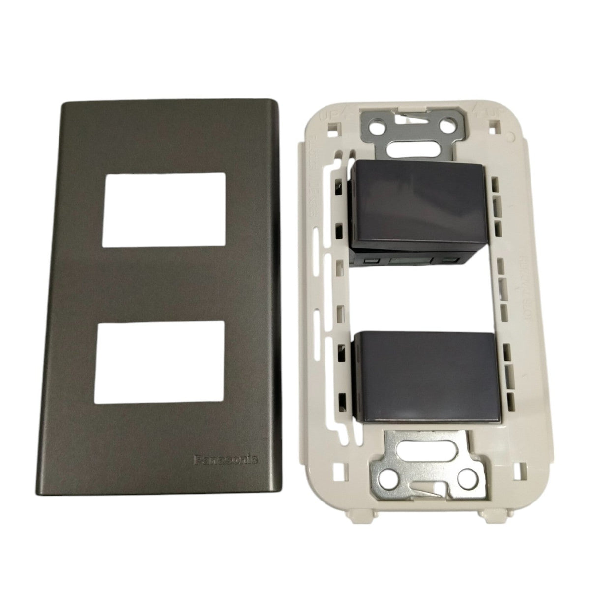 Panasonic 2 gang 4 way switch with black toggle switches and matching faceplate