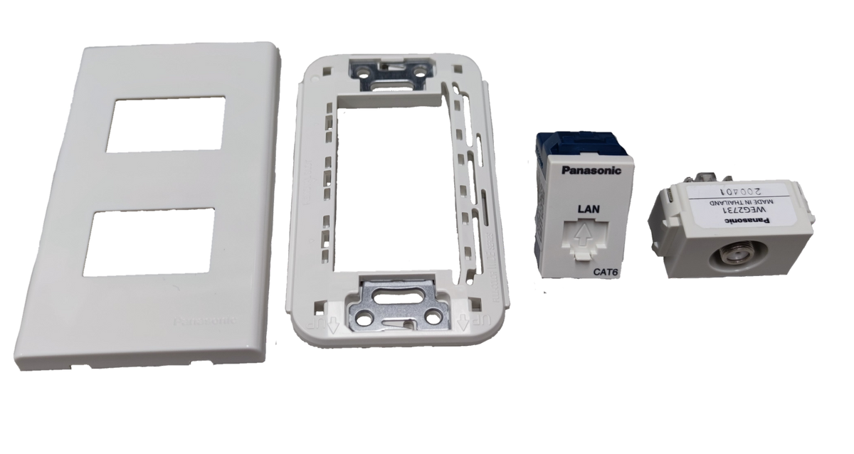 Panasonic 2 Gang Data Outlet CAT6 and Cable TV Outlet with white mounting frame and cover plate