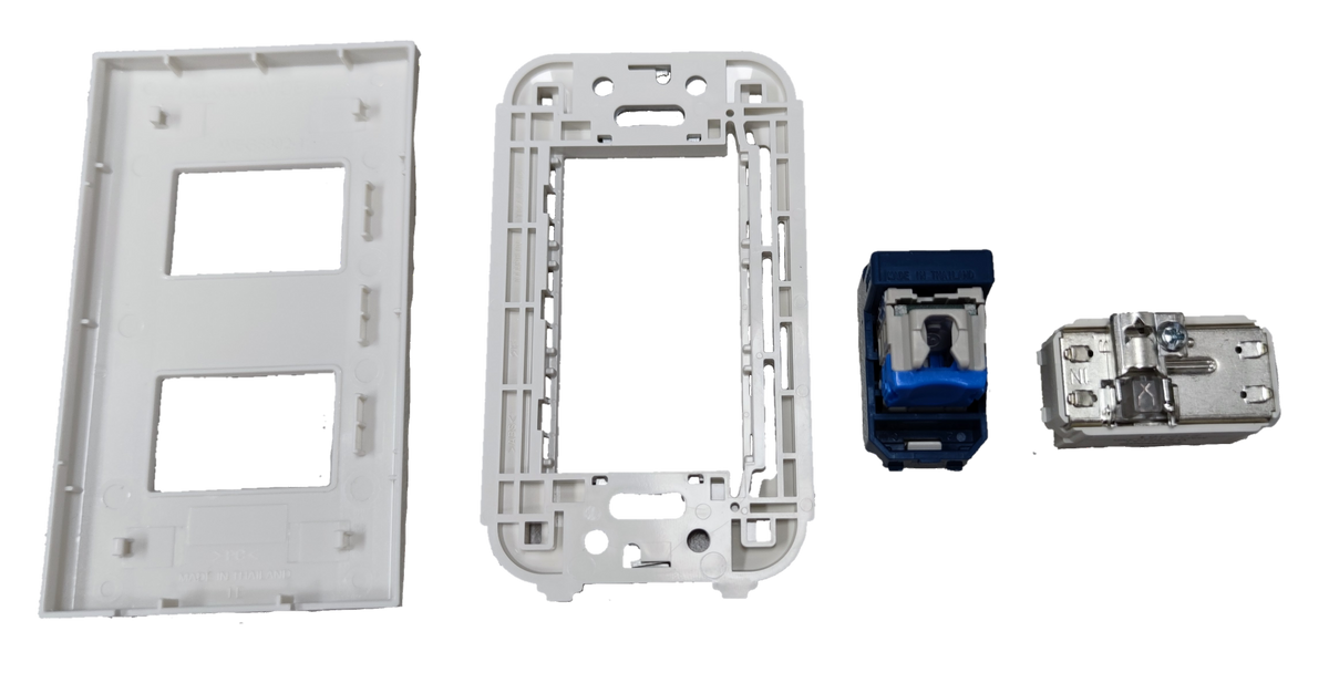 Panasonic 2 Gang Data Outlet CAT6 and Cable TV Outlet components with white frame and connectors