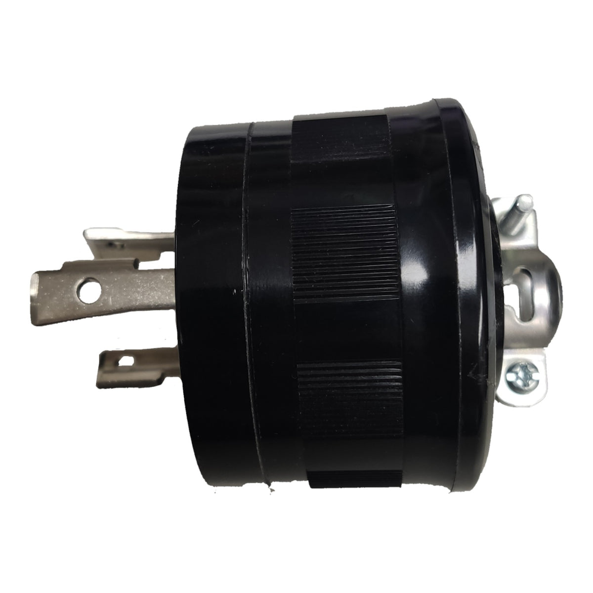 A black cylindrical electrical outlet or connector with silver metal terminal pieces on both ends, shown against a plain white background.