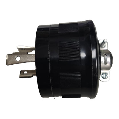 A black cylindrical electrical outlet or connector with silver metal terminal pieces on both ends, shown against a plain white background.