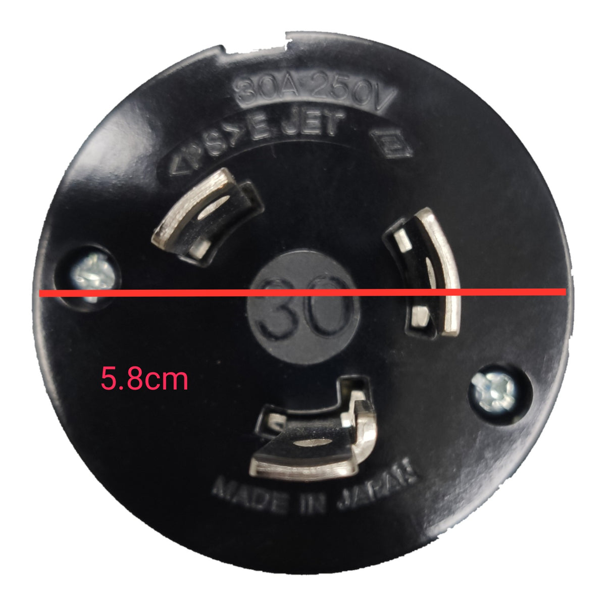 A round black electrical outlet base or connector component on a white background, with a red horizontal measurement line across the center and red text reading 5.8cm.