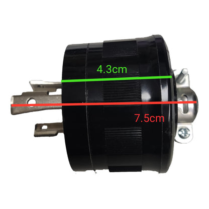 Black cylindrical electrical outlet or socket with metal terminal bars on both ends, shown on a white background with red and green dimension lines and text indicating 7.5cm and 4.