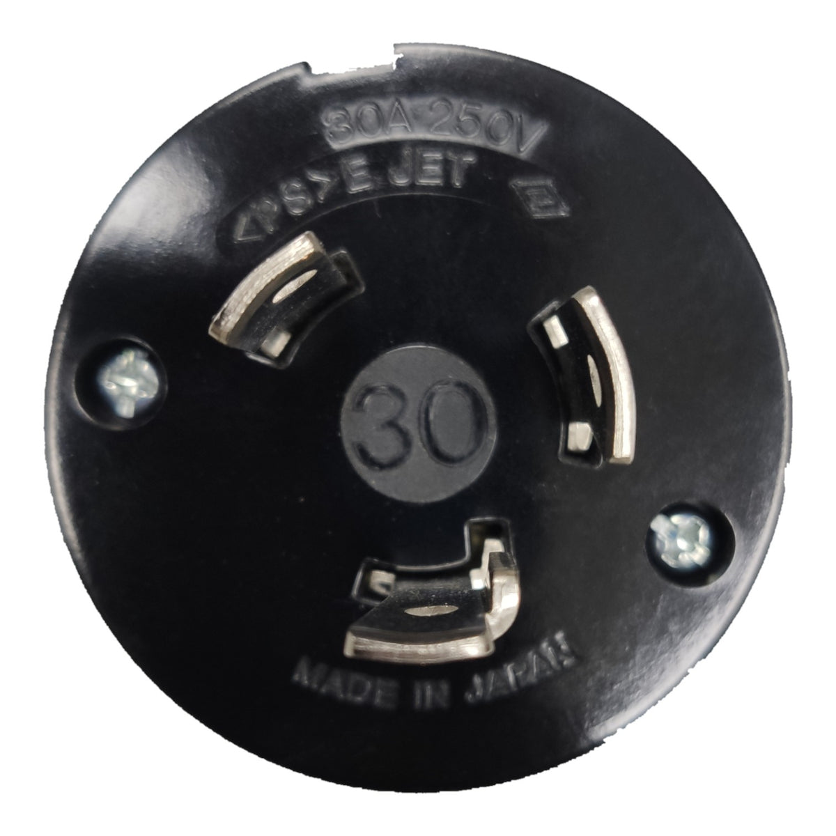 A circular black electrical plug base with three metal pins and embossed text including '30A 250V', '4PIN JET', '30', and 'MADE IN JAPAN' on a white background.