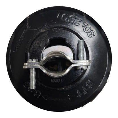 A black circular plastic cap with a silver metal clamp bolt, shown on a plain white background.