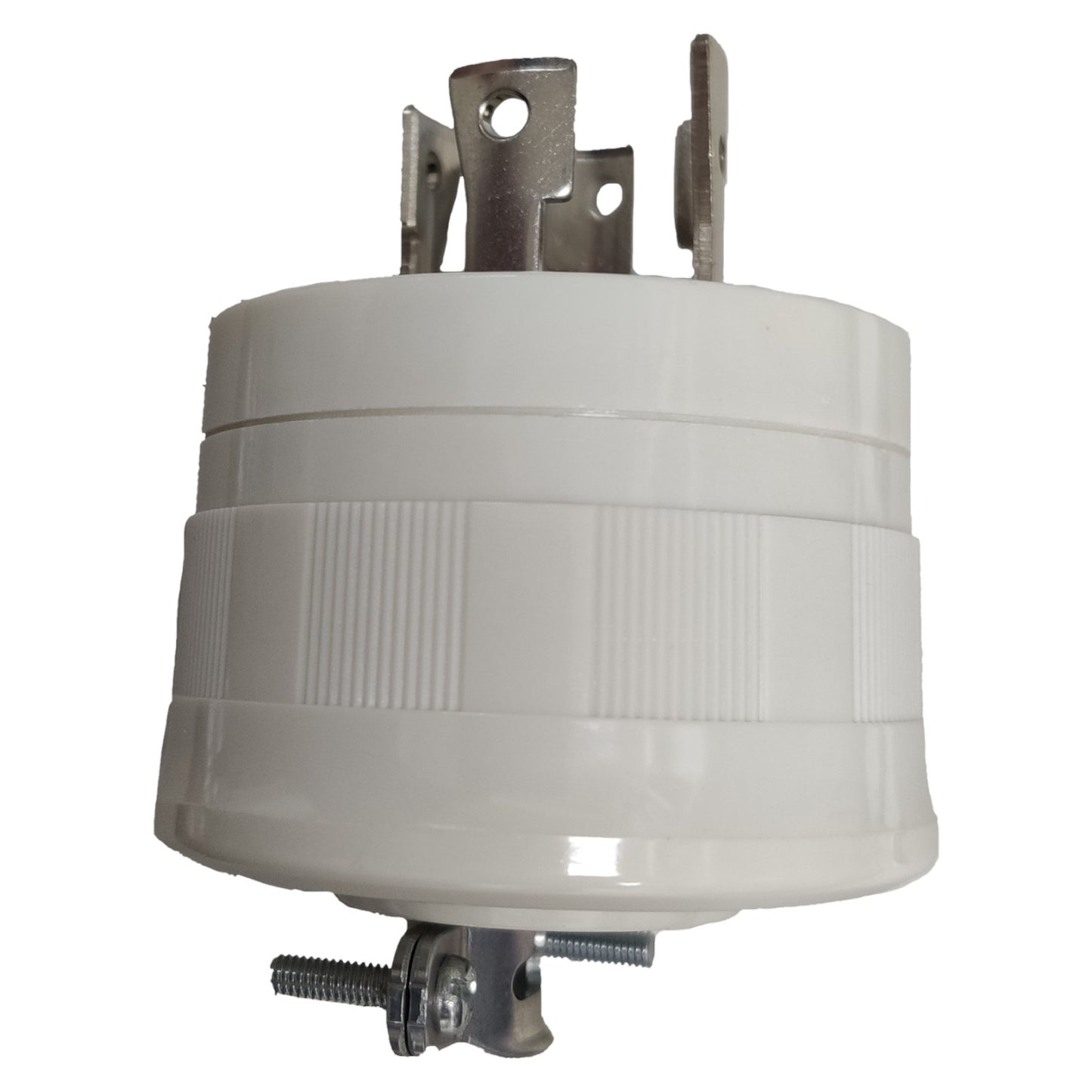 White cylindrical electrical component with metal parts on a white background Panasonic 30A Twist Lock Plug 3P+E (4P) 250V (NEMA L6) WF6430WK Twistlock White Electx Electrical Supply