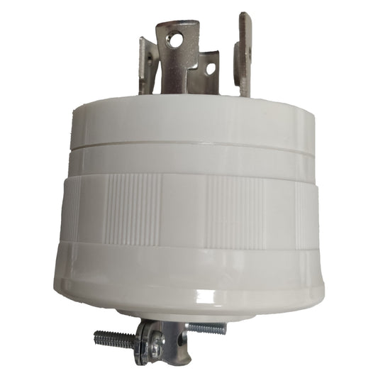 White cylindrical electrical component with metal parts on a white background Panasonic 30A Twist Lock Plug 3P+E (4P) 250V (NEMA L6) WF6430WK Twistlock White Electx Electrical Supply