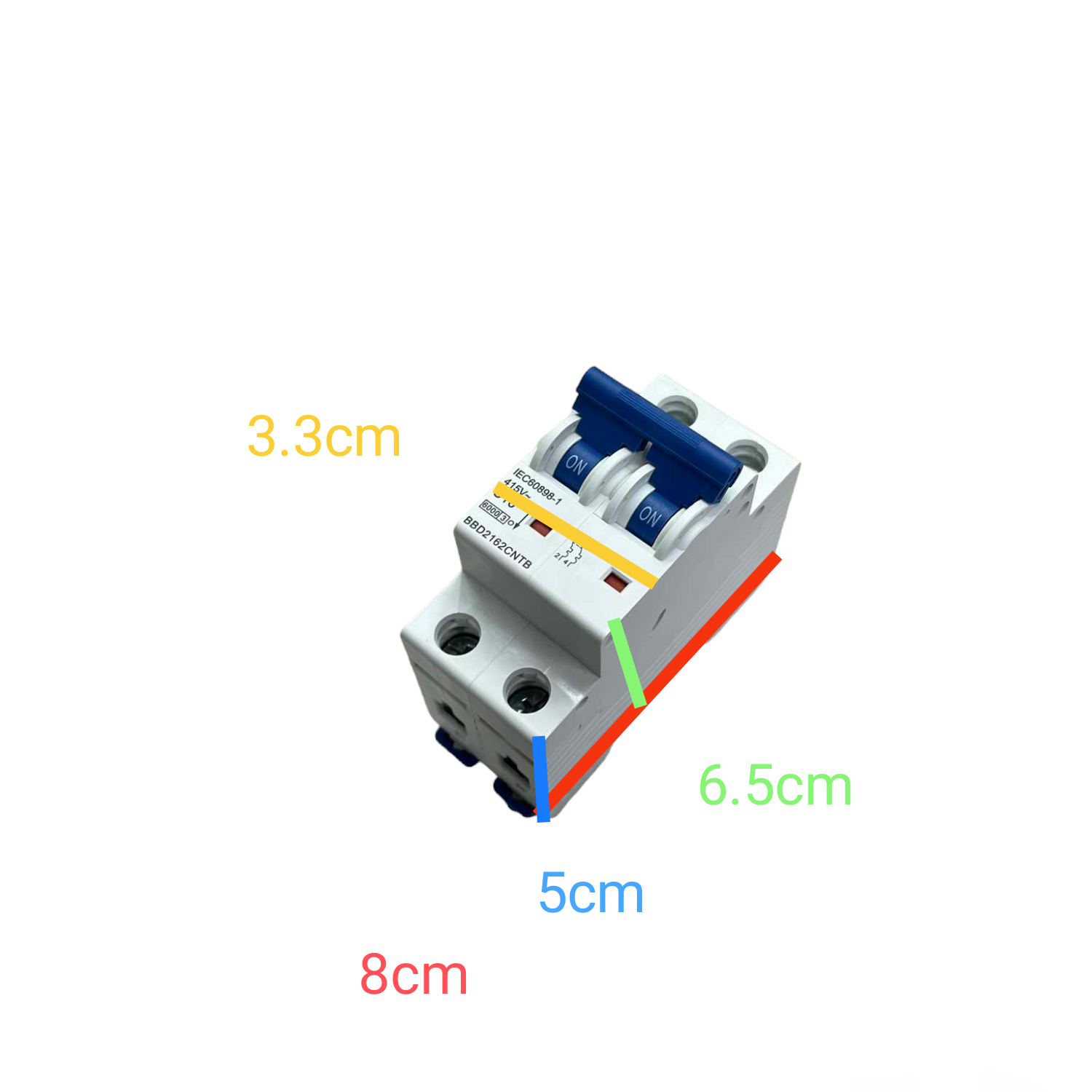 Electrical circuit breaker with dimensions labeled on a white background