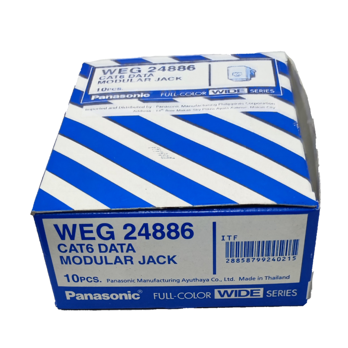 Box of Panasonic CAT6 Data Outlet modular jacks in white and blue packaging with 10 pieces