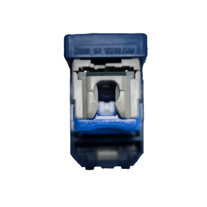 Close-up of Panasonic CAT6 Data Outlet electrical circuitry part in blue and white color