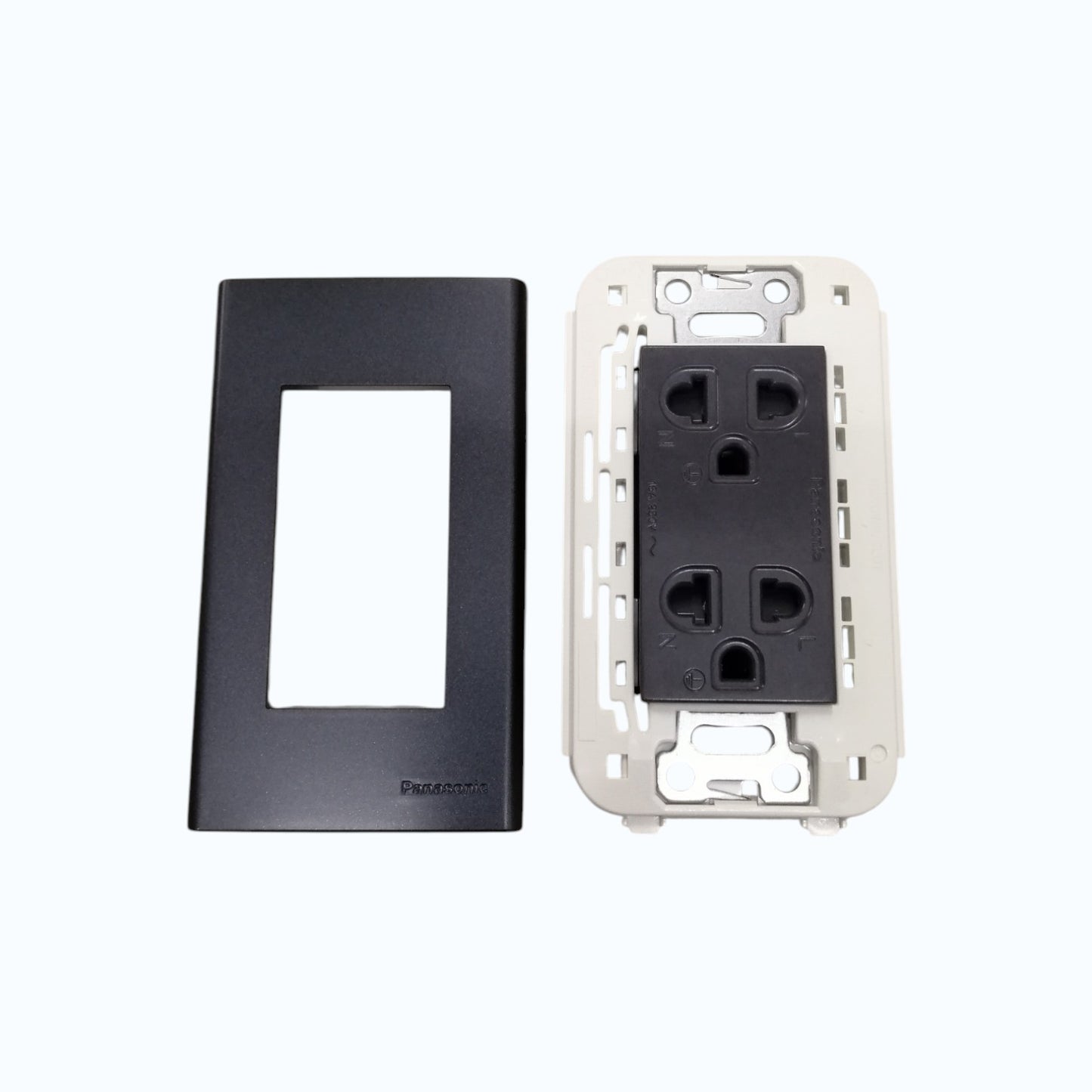 Panasonic Duplex Universal Outlet 16A 250V with Safety Shutter and Wide Color Refina Series Metallic Black Plate Cover WEG6803MB-1/WEG15829H-5
