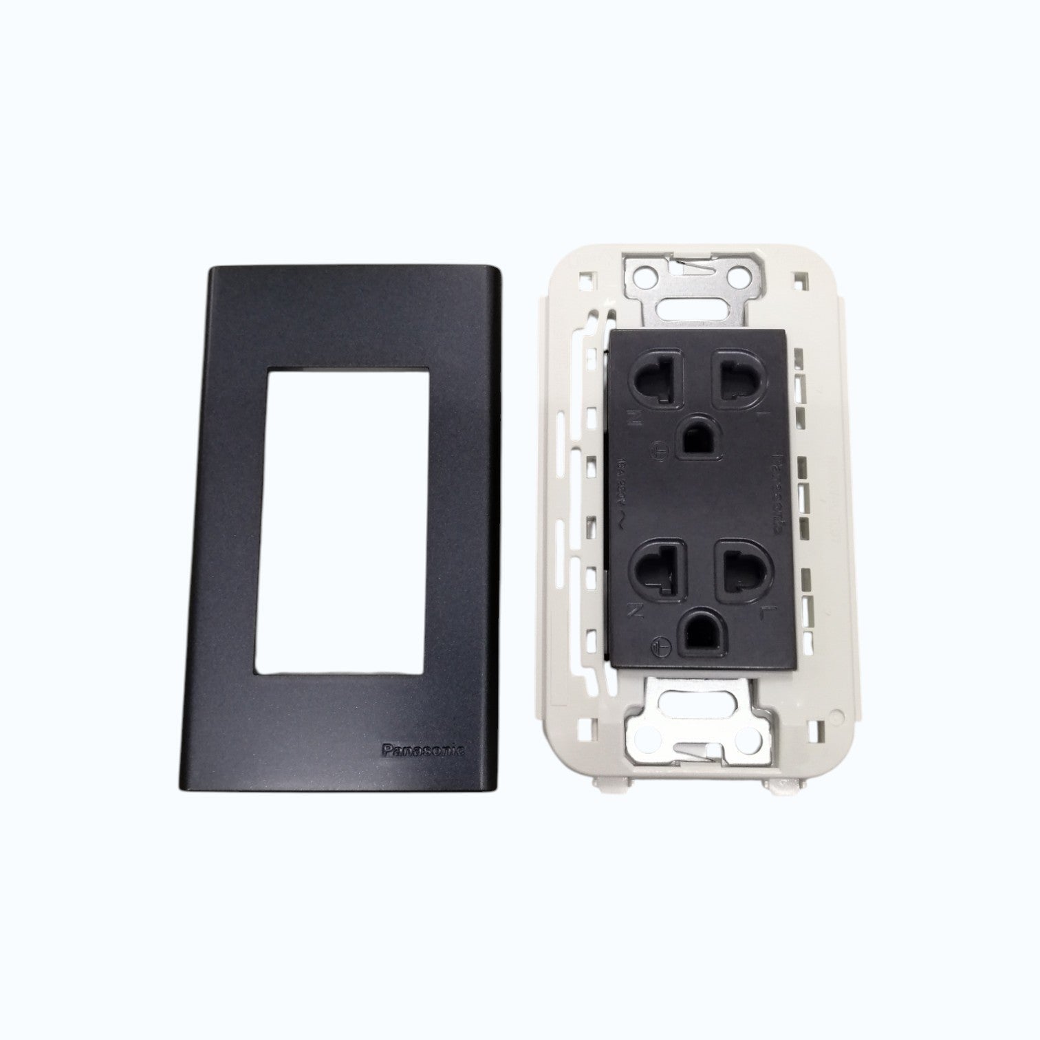 Panasonic Duplex Universal Outlet 16A 250V with Safety Shutter and Wide Color Refina Series Metallic Black Plate Cover WEG6803MB-1/WEG15829H-5