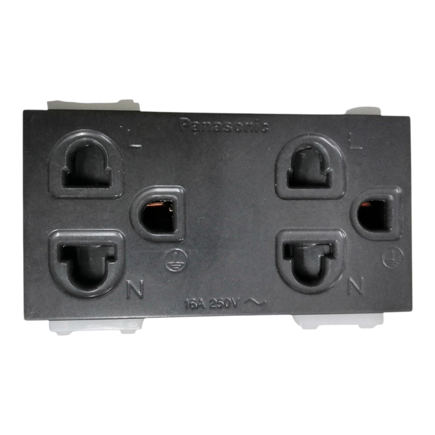 Panasonic 16A 250V AC power adapter rear panel with four UK-style three-pin plugs and one two-pin plug, shown on a white background.