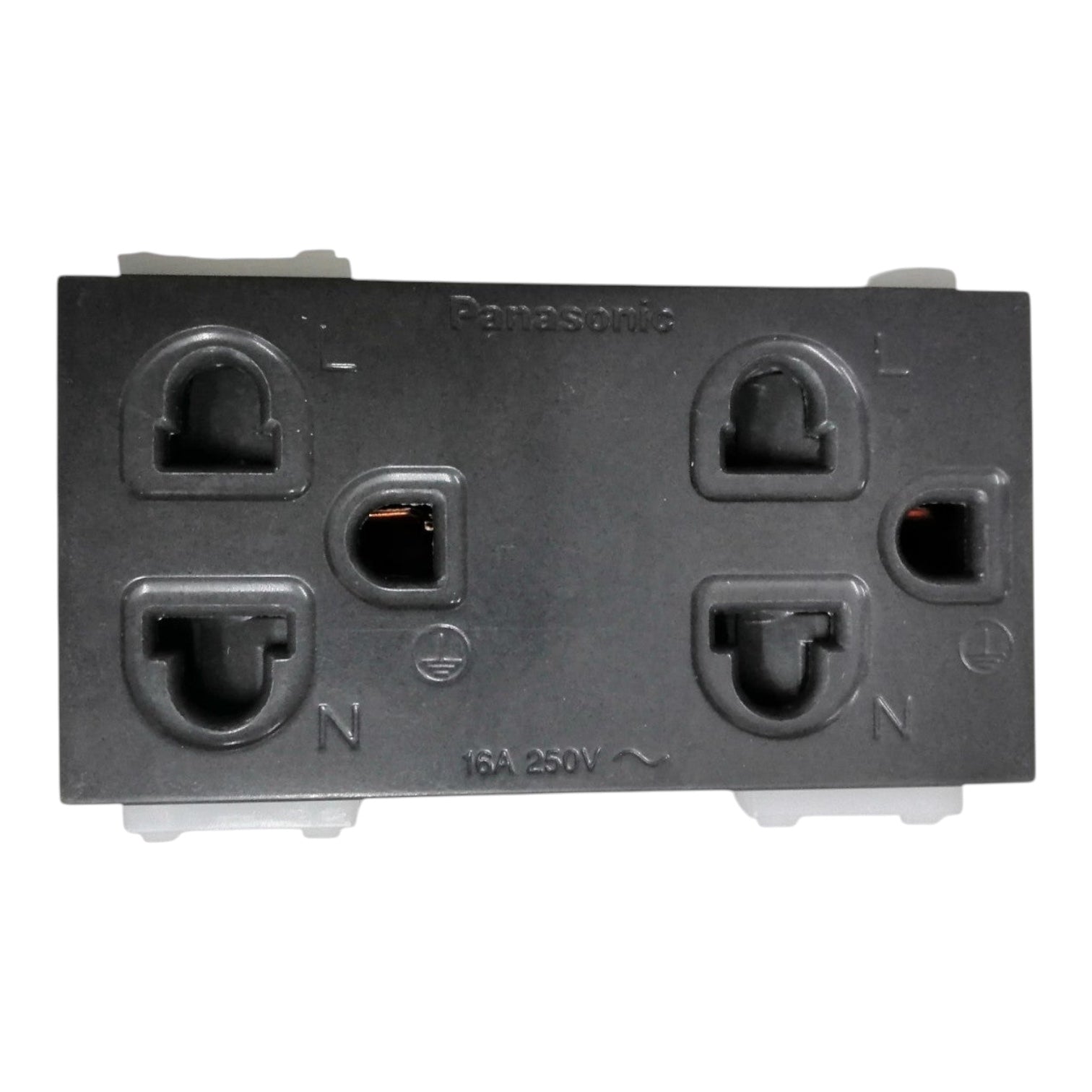 Panasonic 16A 250V AC power adapter rear panel with four UK-style three-pin plugs and one two-pin plug, shown on a white background.