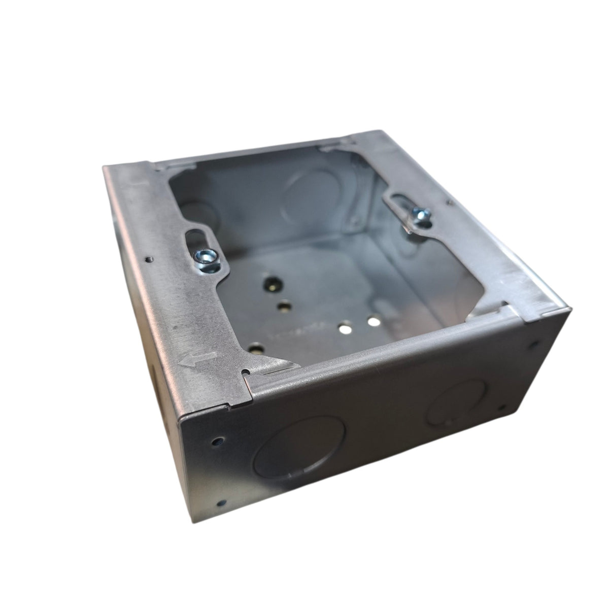 A square metal electrical junction box with a brushed silver finish, featuring pre-drilled holes and mounting points, shown on a plain white background.
