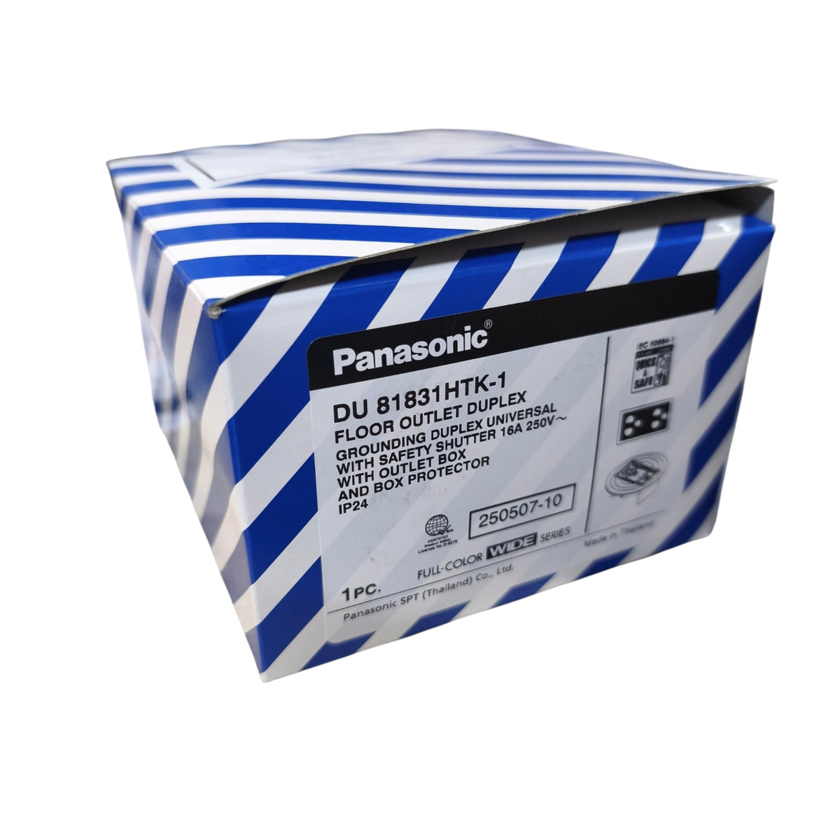 Panasonic DU 81831HTK-1 Floor Outlet Duplex GFCI Outlet Box in its original blue and white striped retail packaging, shown on a white background.