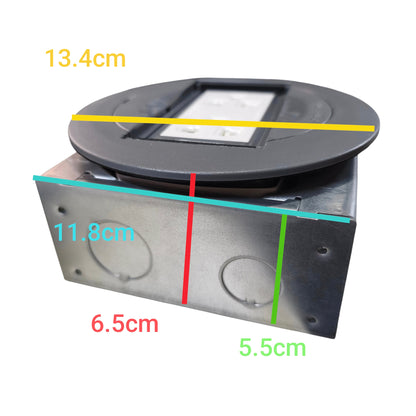 A metal electrical junction box with a circular black top cover, overlaid with colored dimension lines and text showing measurements of 13.4cm, 11.