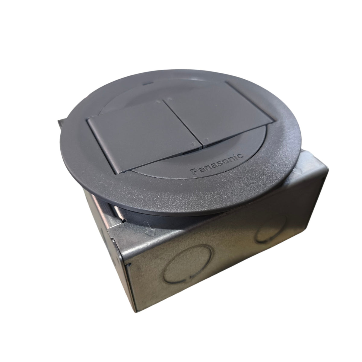 Panasonic grey plastic double switch cover plate mounted on a metal junction box, shown on a plain white background.