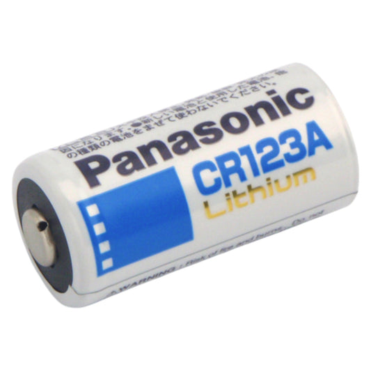 Panasonic CR123A lithium battery on a white background