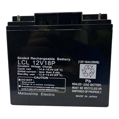 A black Matsushita Electric LCL 12V18P sealed rechargeable battery with printed specifications and safety labels on the front, photographed against a plain white background.