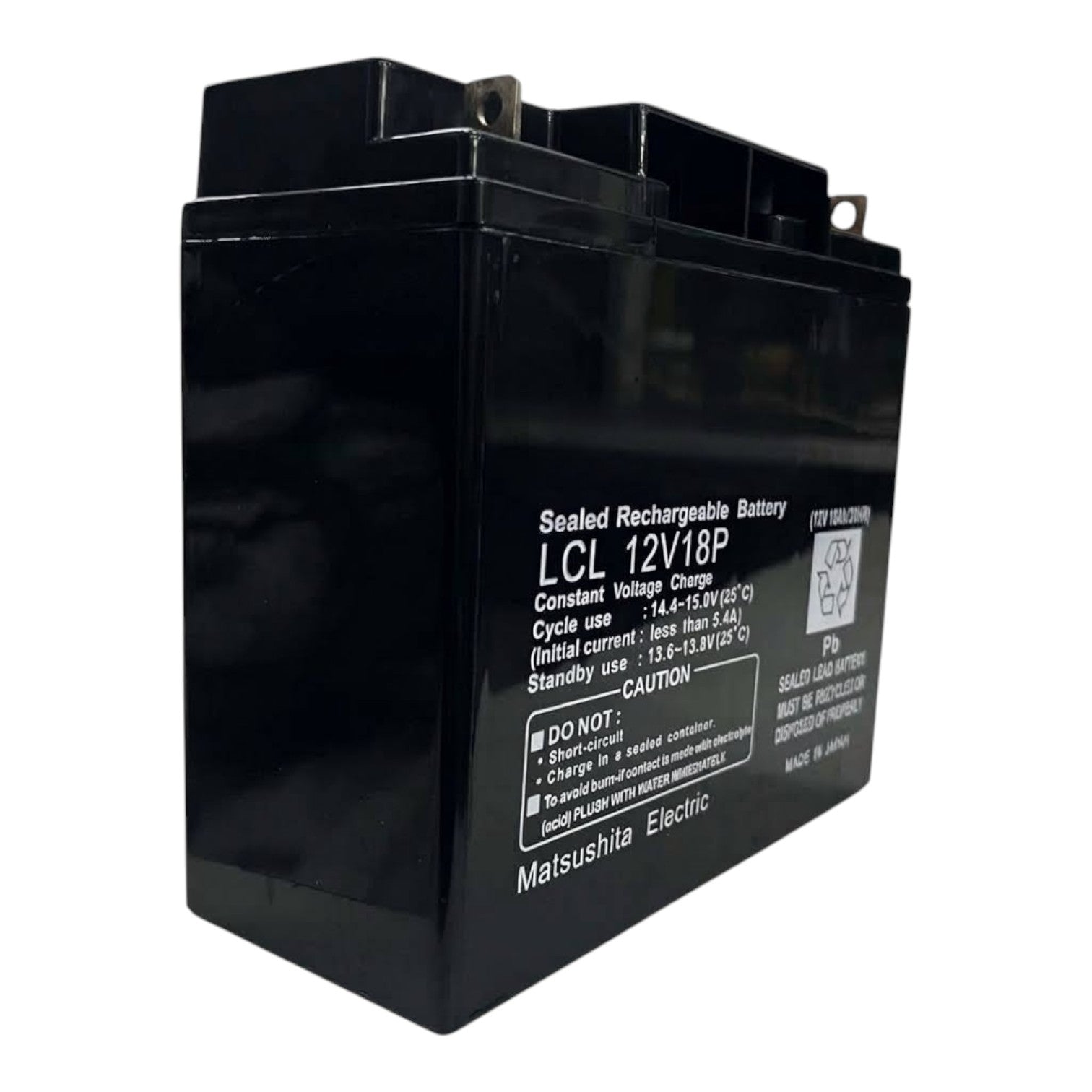 A black MatsuShile Electric LCL 12V18P sealed rechargeable battery, photographed at a three-quarter angle on a white background.