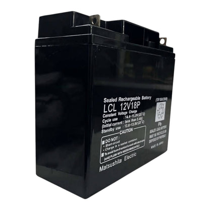 A black MatsuShile Electric LCL 12V18P sealed rechargeable battery, photographed at a three-quarter angle on a white background.