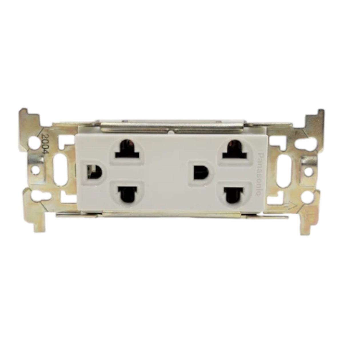 A white Panasonic double outlet electrical duplex wall switch panel with a gold-toned metal mounting bracket, shown against a plain white background.