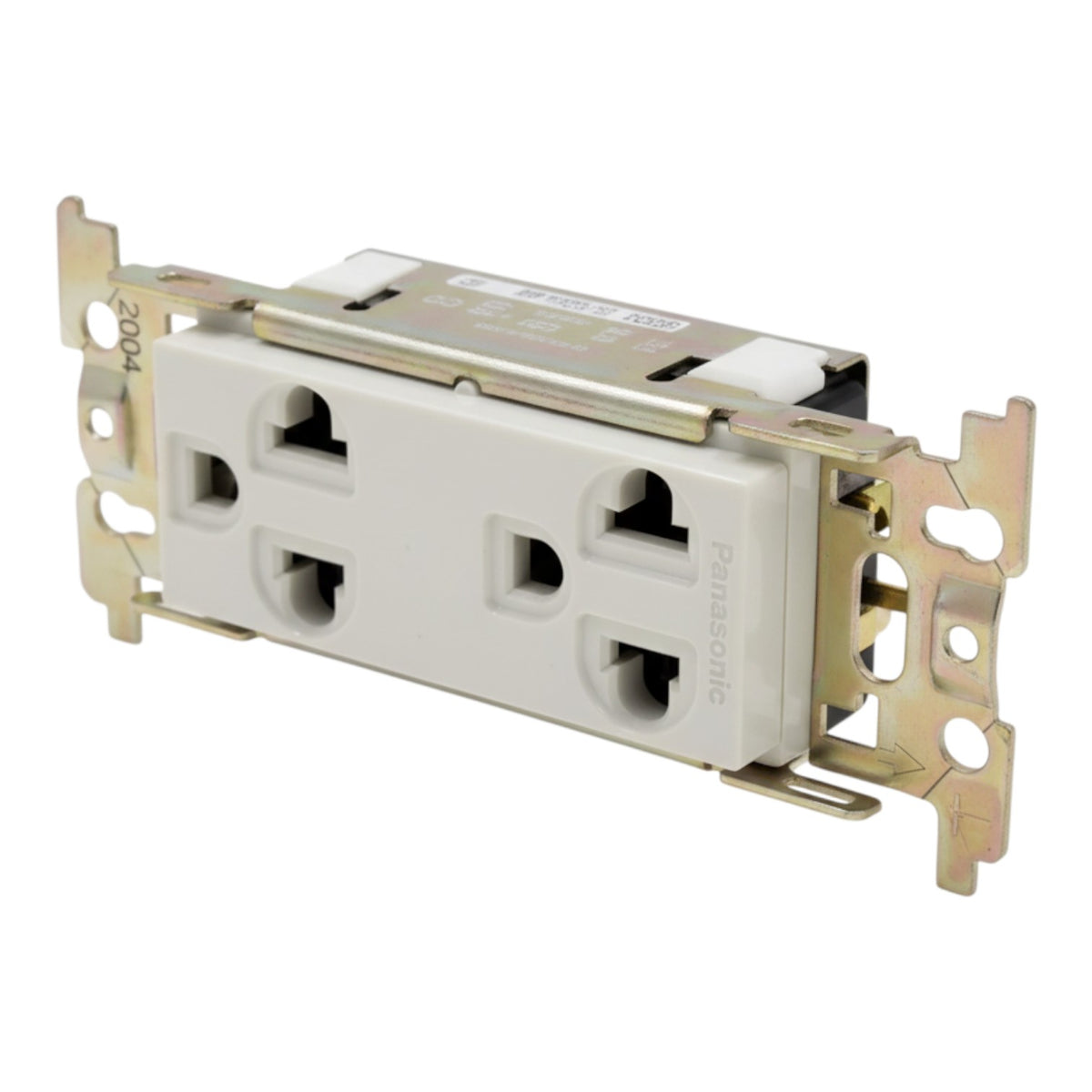 Panasonic double outlet electrical duplex outlet switch with a white faceplate and gold metal mounting brackets, shown on a white background.