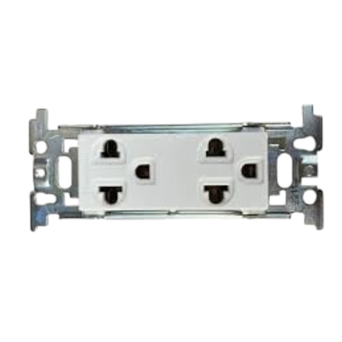 A double outlet electrical wall switch module with white faceplates and a silver metal mounting bracket, shown against a plain white background.