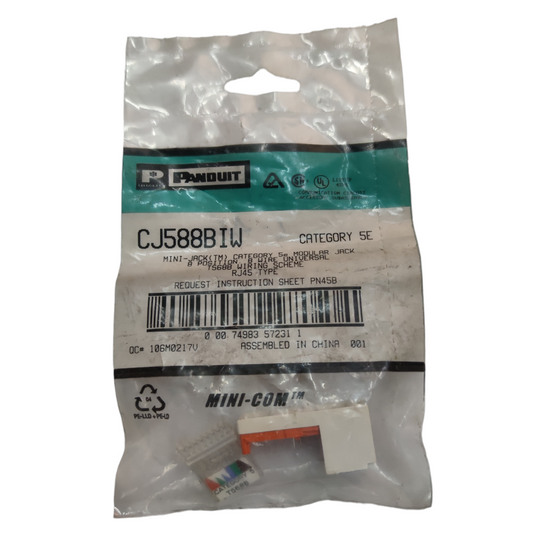 Panduit CAT5e Modular Jack packaged in clear plastic bag with product code CJ588BTW