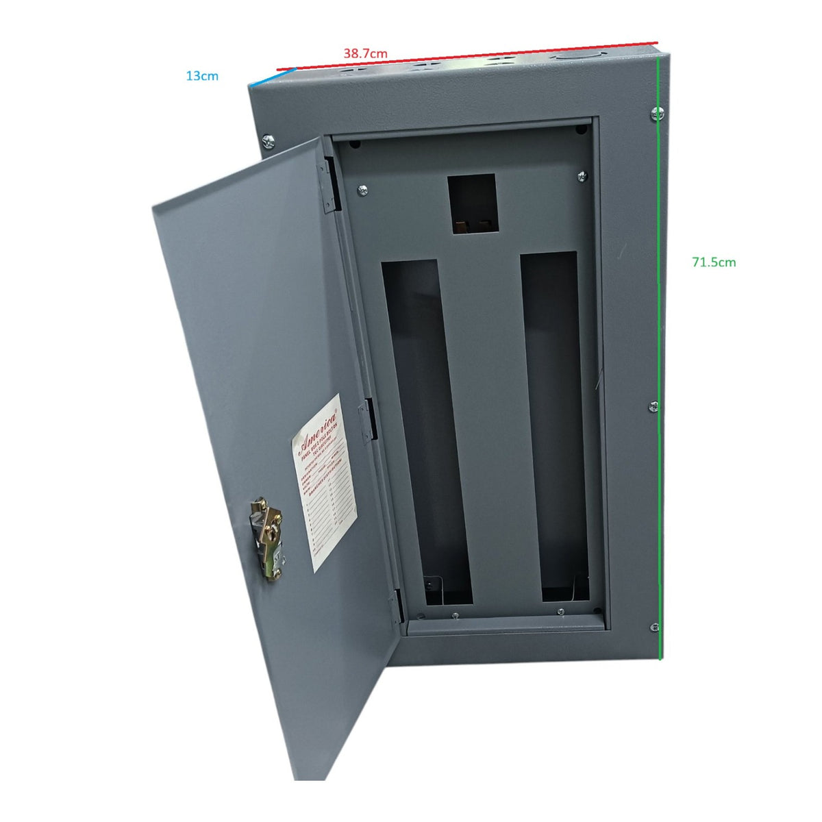 Gray metal electrical distribution box with an open door, showing internal compartments, accompanied by dimension annotations of 71.5cm, 38.