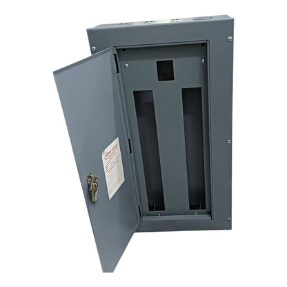 A gray metal electrical panel with the front door open, showing the interior compartment and a lock on the door, isolated on a white background.