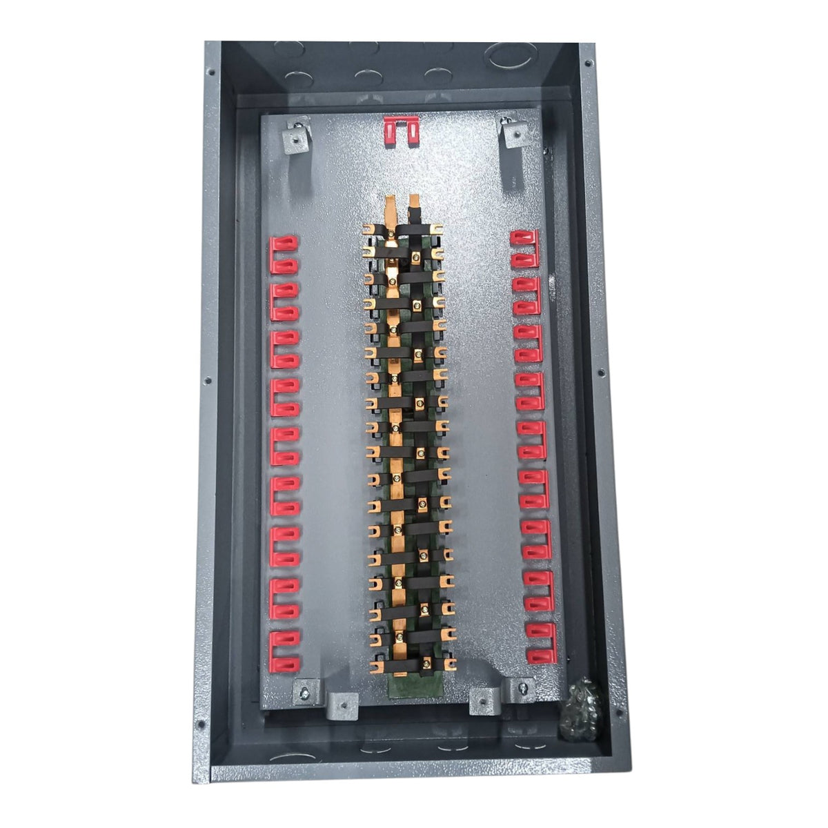 An open industrial electrical distribution panel showing internal busbars, terminal blocks, and red protective covers on a clean white background.