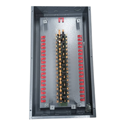 An open industrial electrical distribution panel showing internal busbars, terminal blocks, and red protective covers on a clean white background.