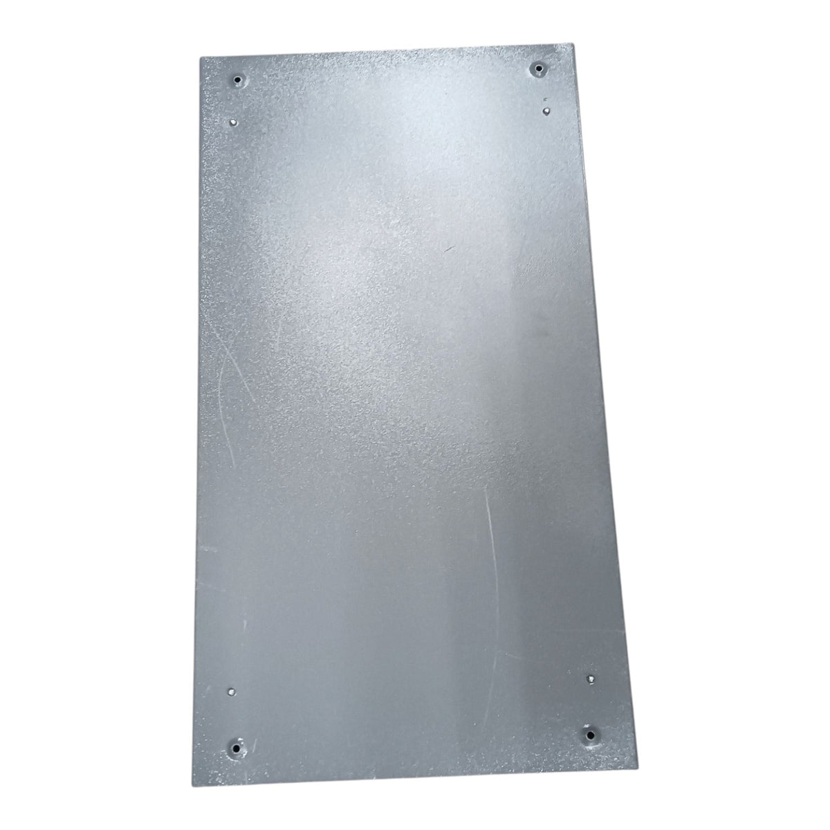 A rectangular metallic silver panel with pre-drilled screw holes in the corners, shown against a plain white background.