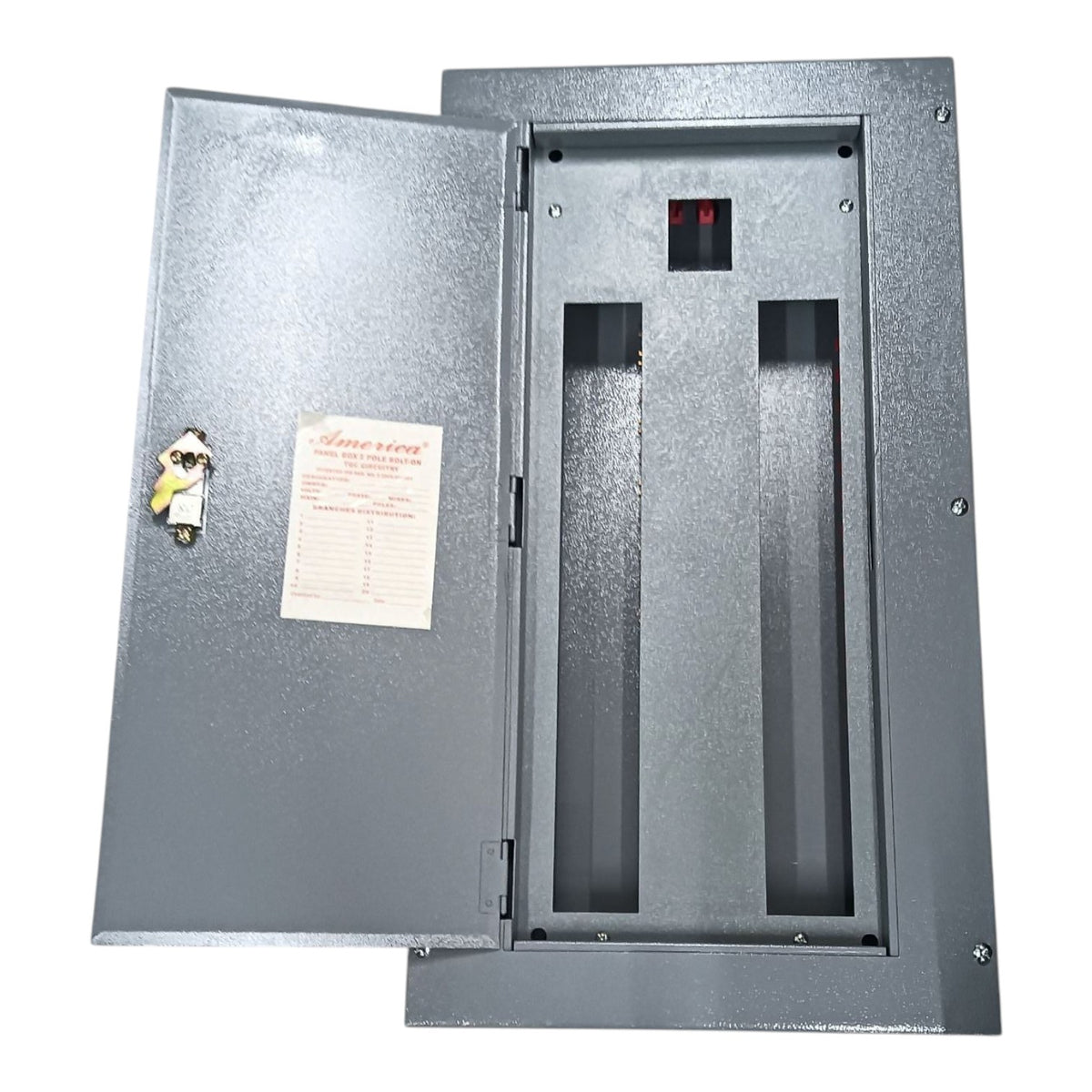 A gray metal electrical panel with the door open, showing two vertical bus bars inside and a small red switch at the top. A key and a paper label are attached to the left door, and the panel is photographed on a plain white background.