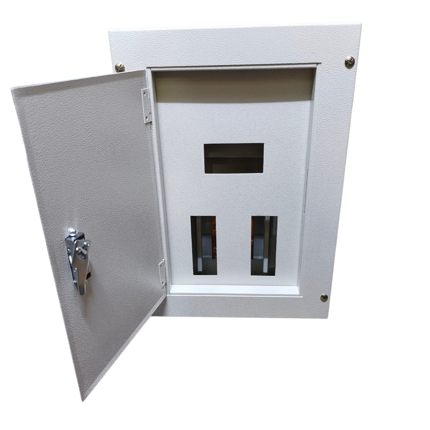 A white metal electrical distribution board or switch cabinet with its door open, showing internal switch components and a lock, isolated on a white background.