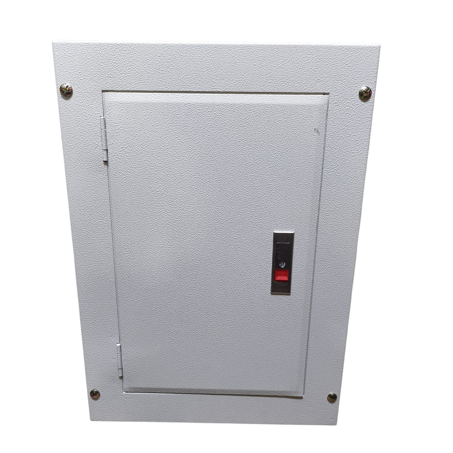 A gray textured metal electrical or utility access door with a small red and black switch on the front door, secured with four screws at the corners, shown against a plain white background.