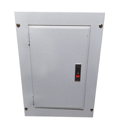 A gray textured metal electrical or utility access door with a small red and black switch on the front door, secured with four screws at the corners, shown against a plain white background.