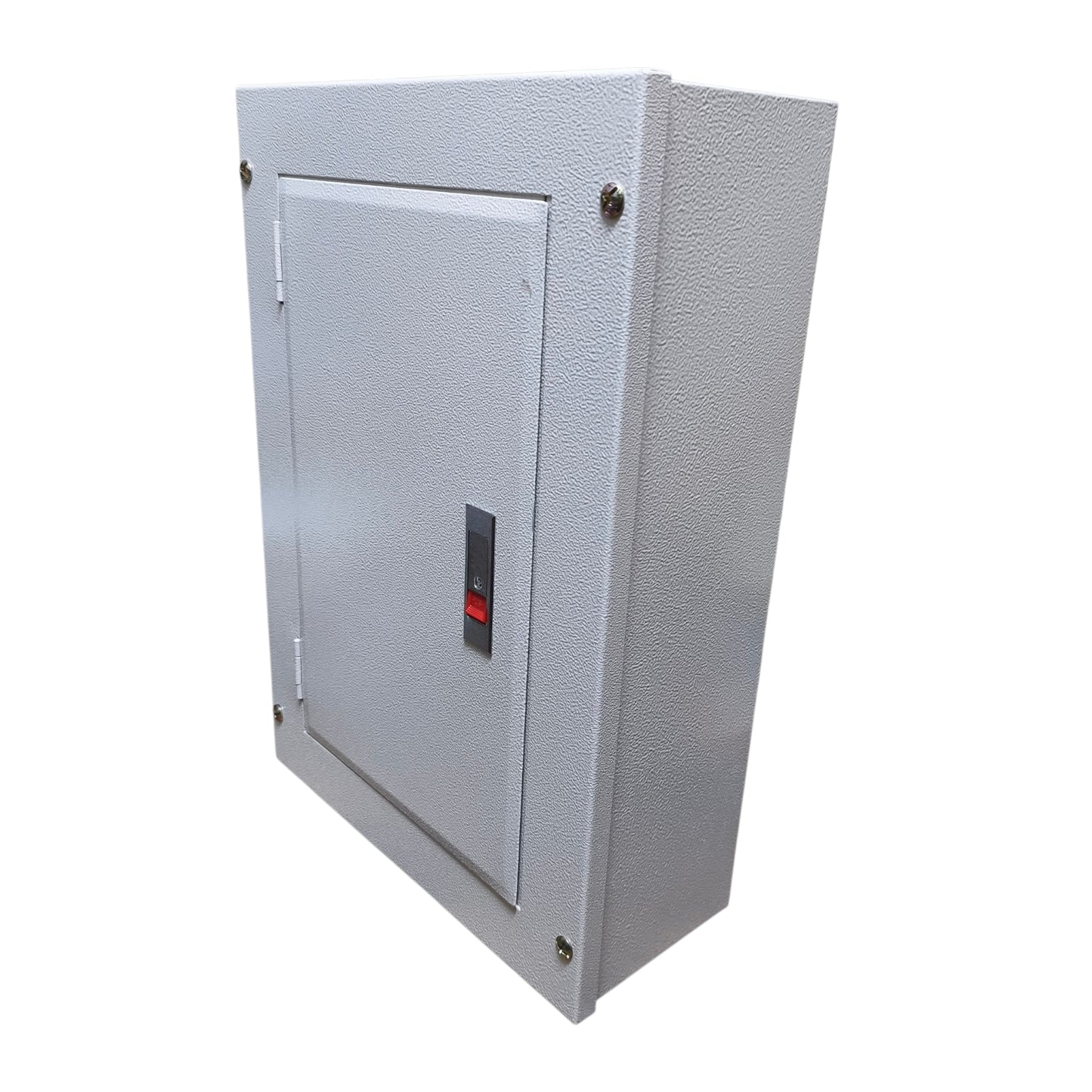 A gray textured metal electrical cabinet with a hinged door, featuring a vertical black switch with a red button, shown on a plain white background.