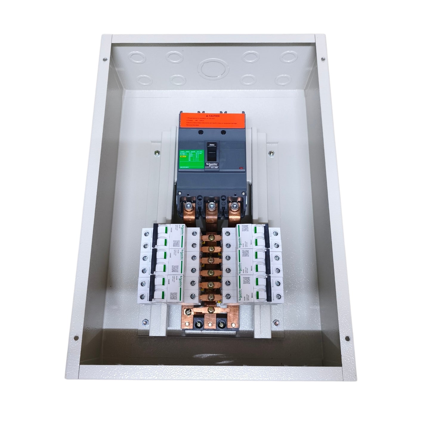 An electrical distribution panel featuring a main circuit breaker with an orange handle and green label, mounted above multiple modular white and copper-colored contactors inside a gray metal enclosure.