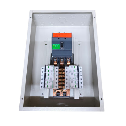 An electrical distribution panel featuring a main circuit breaker with an orange handle and green label, mounted above multiple modular white and copper-colored contactors inside a gray metal enclosure.