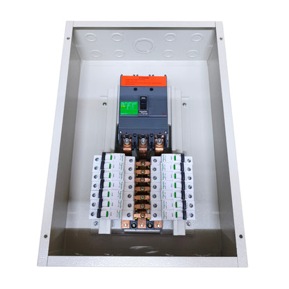 An open metal electrical distribution panel showing a main circuit breaker, fuses, and multiple terminal blocks on a plain white background.