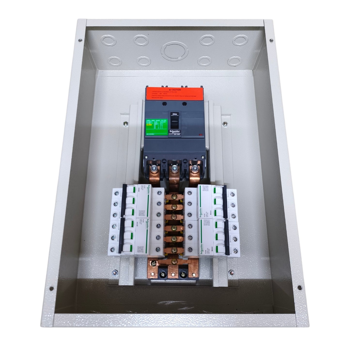 An electrical distribution box containing a main circuit breaker with an orange top and a digital display, alongside multiple white contactors and copper bus bars, shown on a white background.