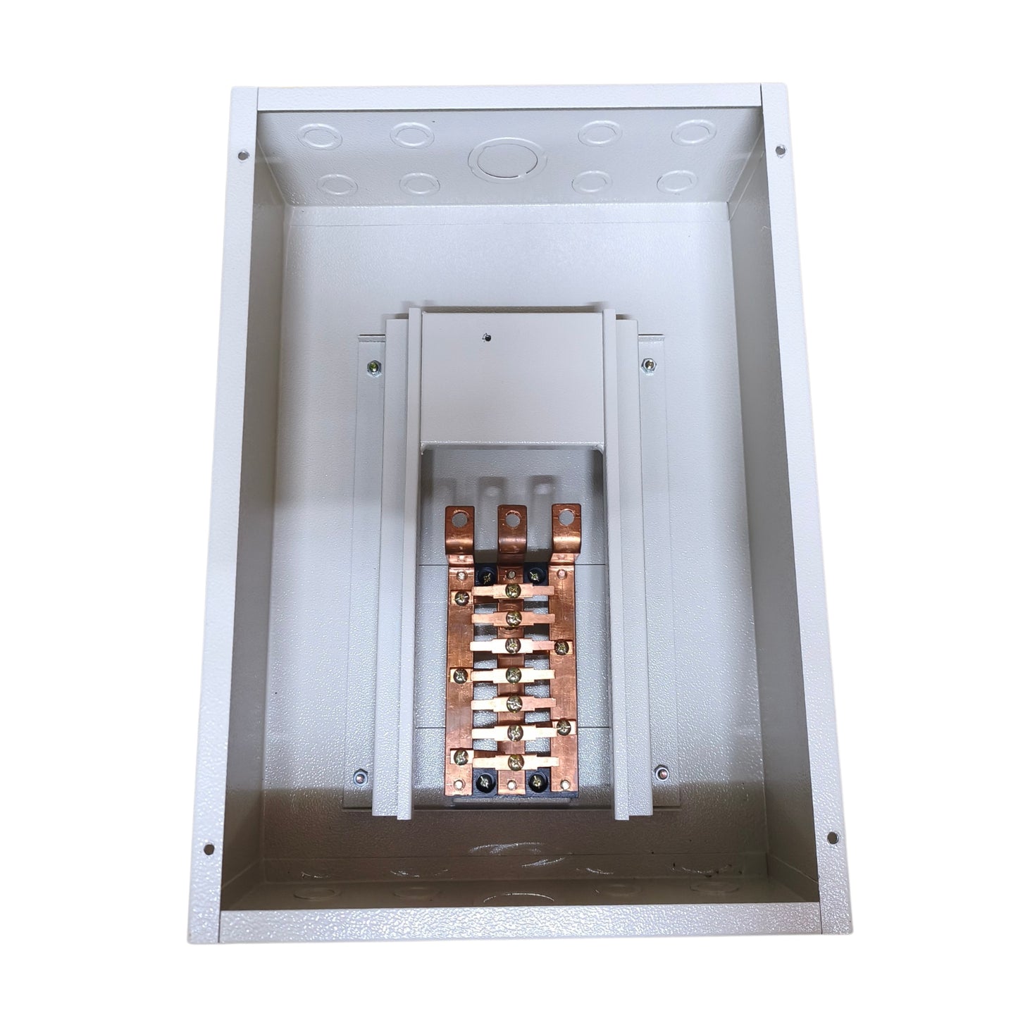 An open white metal electrical distribution box showing a central terminal block with copper-colored bus bars and terminal connectors, isolated on a white background.