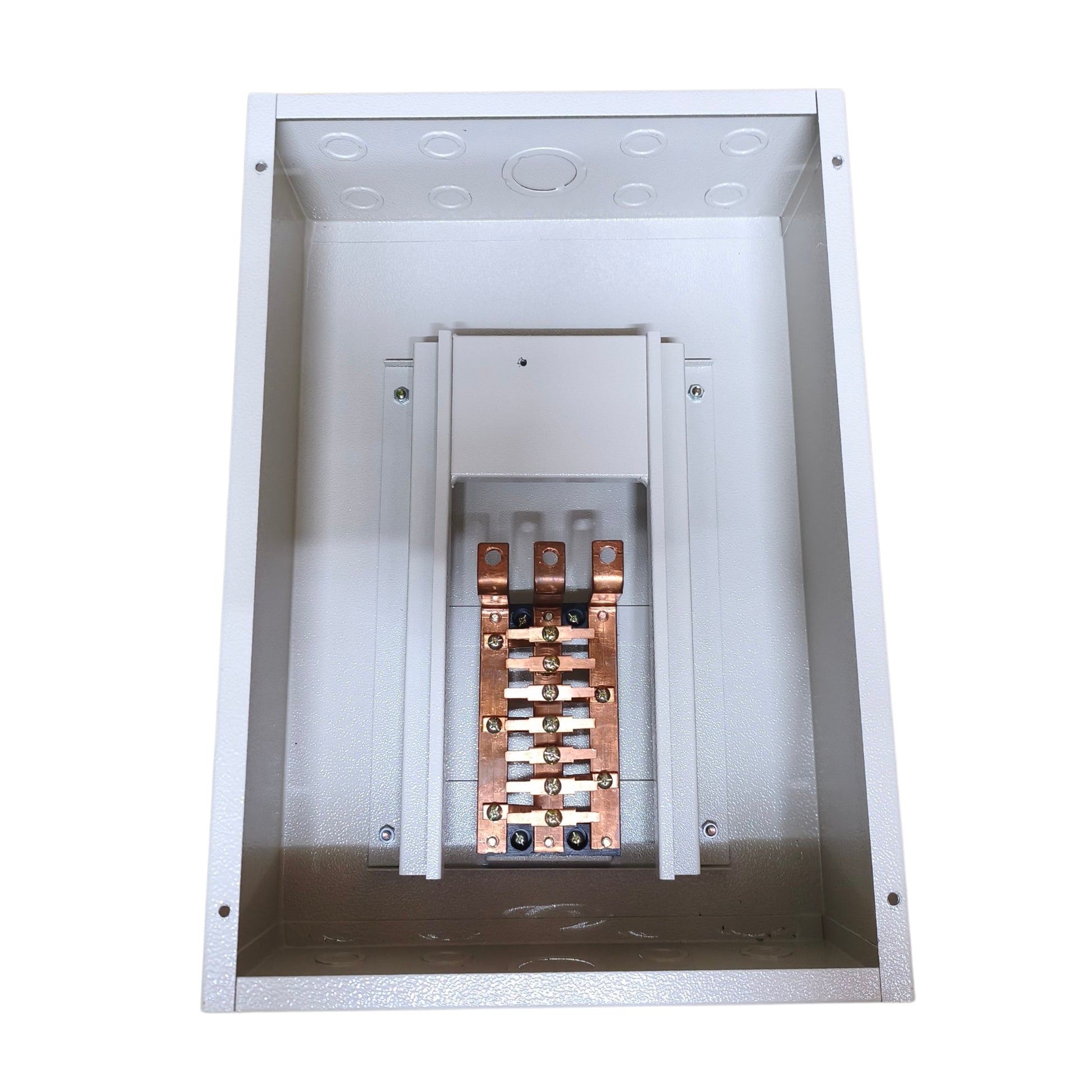 An open white metal electrical distribution box showing a central terminal block with copper-colored bus bars and terminal connectors, isolated on a white background.