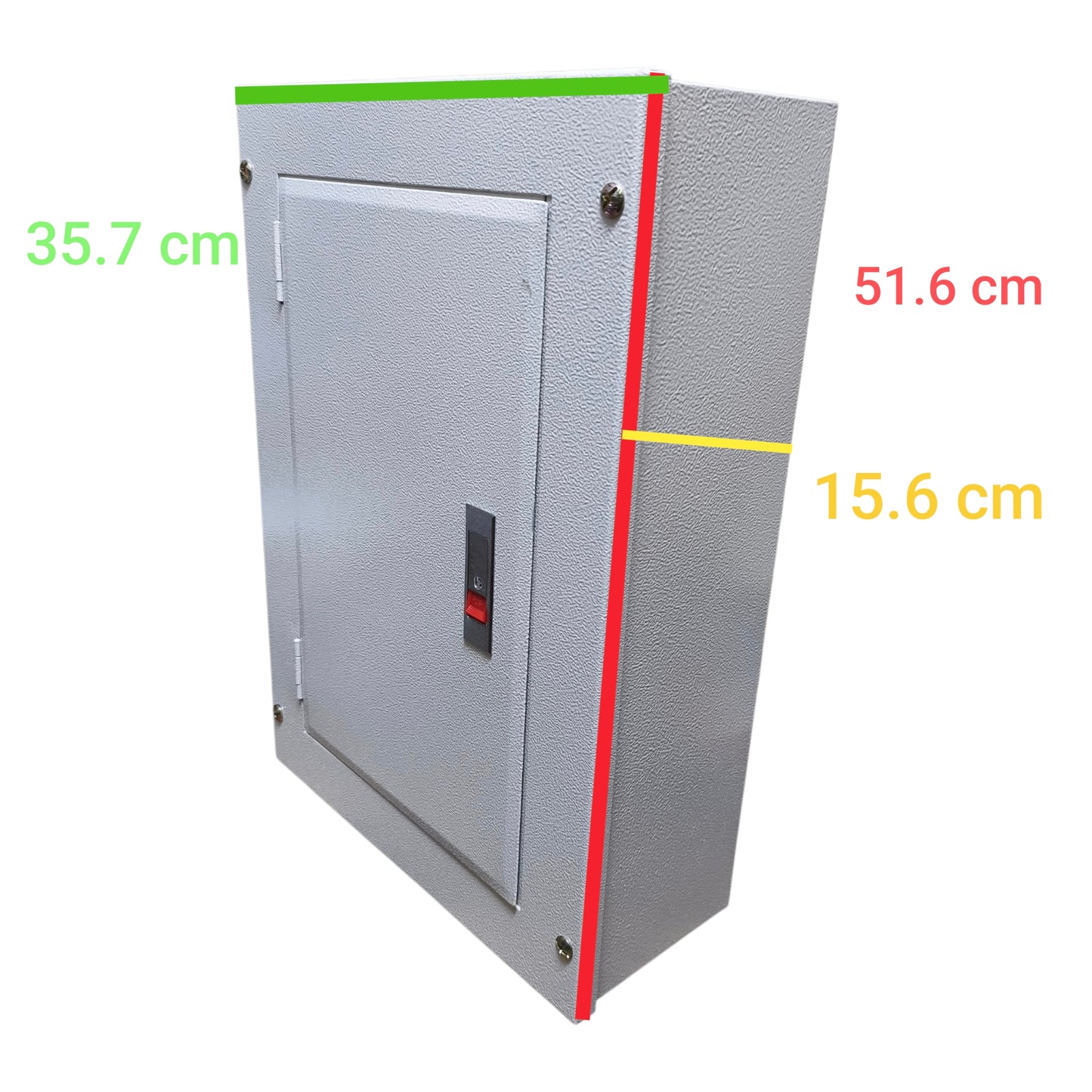 Gray metal electrical cabinet shown on a white background with green, red, and yellow dimension lines and text indicating 35.7 cm, 51.