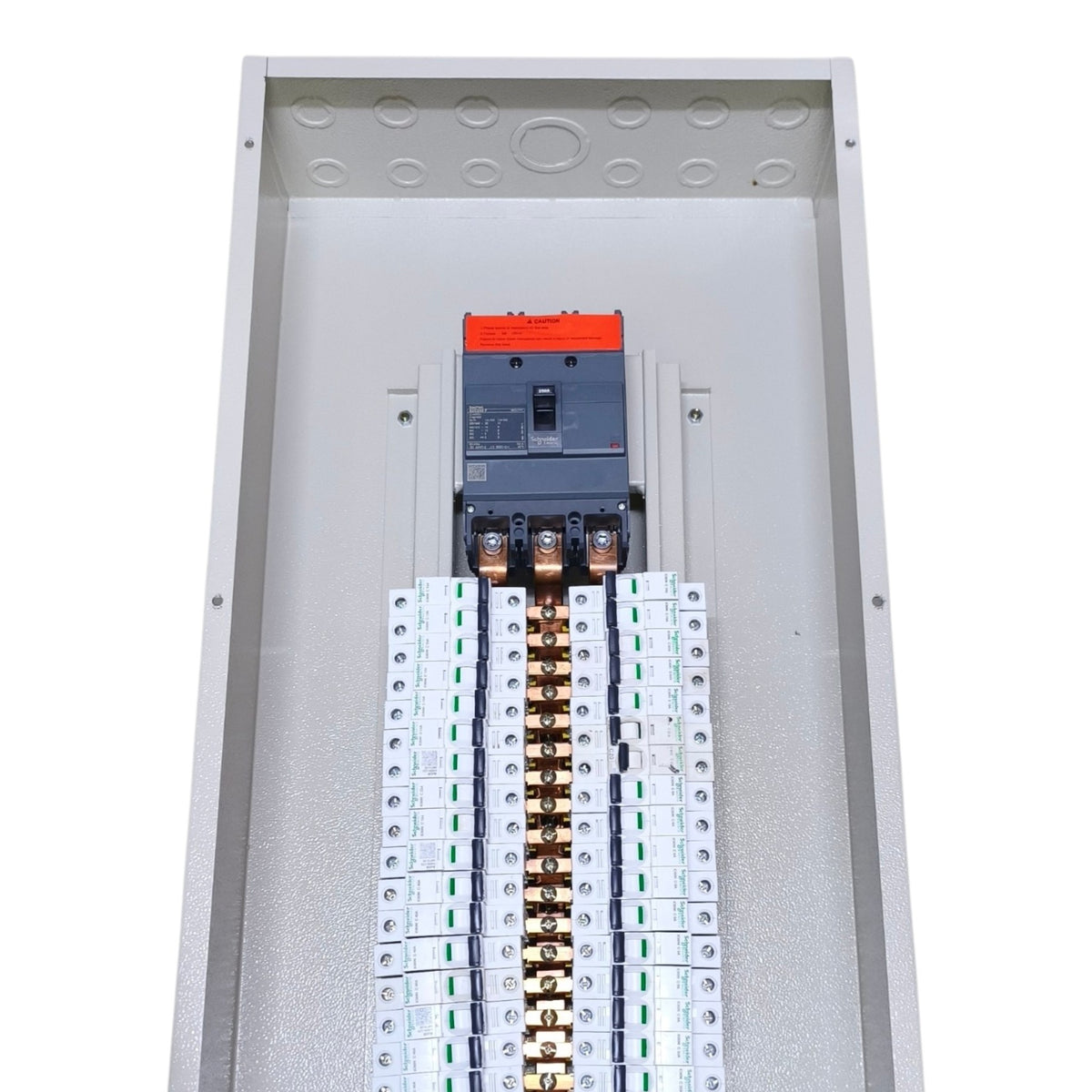 An open metal electrical panel showing a circuit breaker and multiple terminal blocks with copper-colored bus bars, photographed on a plain white background.