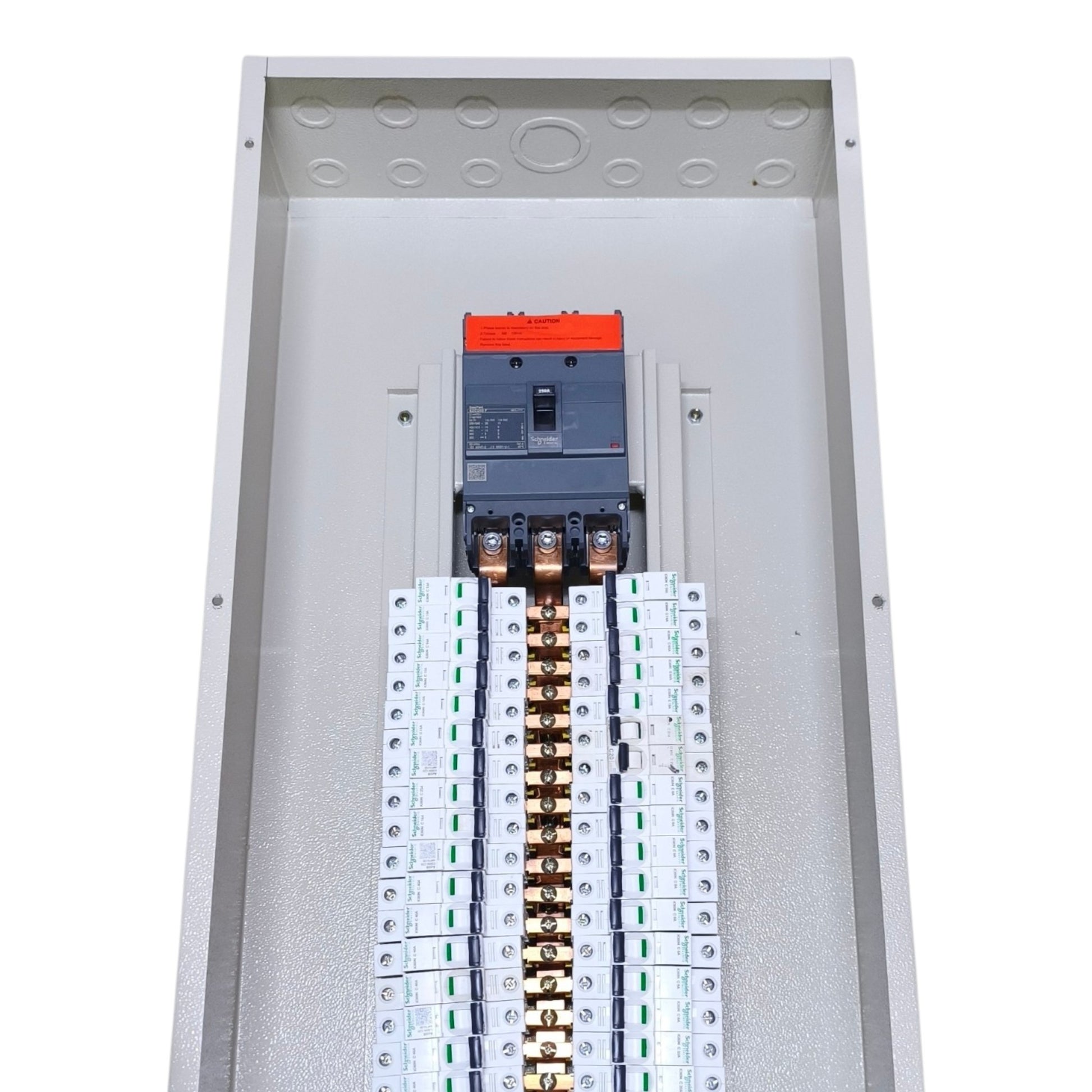 An open metal electrical panel showing a circuit breaker and multiple terminal blocks with copper-colored bus bars, photographed on a plain white background.